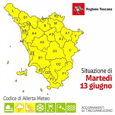 La mappa dell'allerta della Regione Toscana