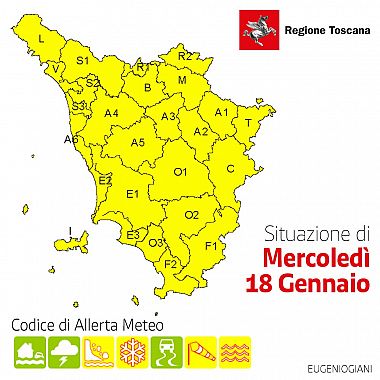 La mappa dell'allerta della Regione Toscana